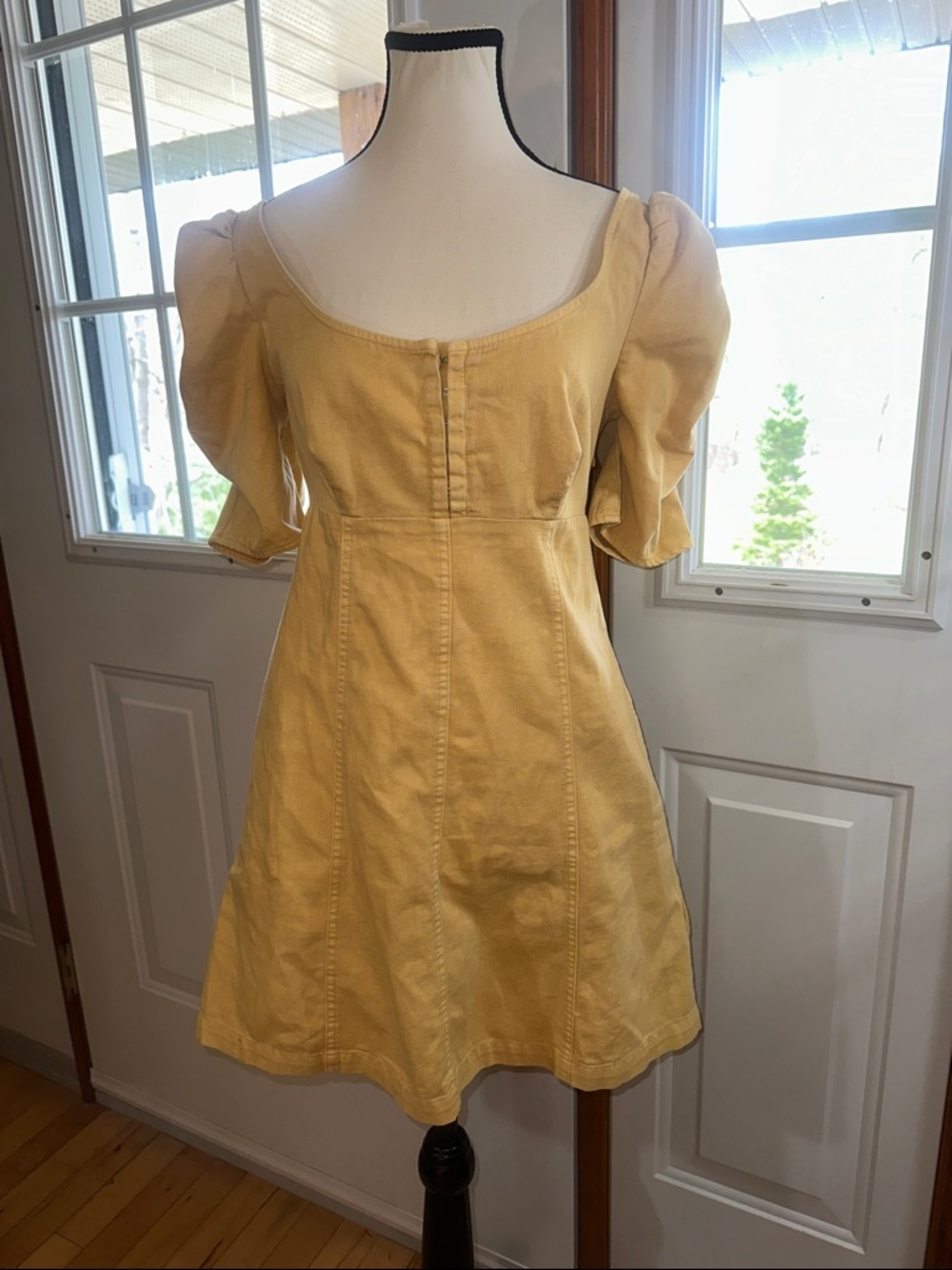 Free People Cheyenne Denim Yellow Puff-Sleeve Mini Dress